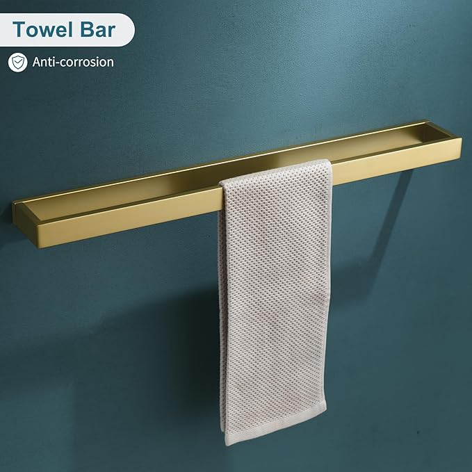 TNOMS 4-Piece Modern Gold Bathroom Hardware Accessories Set - Towel Bar & Holder, Stainless Steel, Wall Mounted, 23.6 Inch