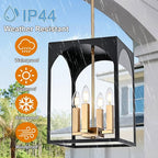 VINLUZ Outdoor 4 Lights in Black and Brushed Brass Finish, Metal Indoor Outdoor Pendant Hanging Lantern Lighting with Clear Glass Shade for Balcony Dining Room