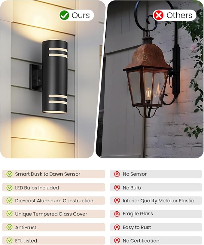 SHIMR Modern Outdoor Wall Lights Dusk to Dawn, Aluminum Outdoor Light Fixture with LED Bulbs, Black Cylinder Outdoor Sconce Up and Down Outside Lights for House Porch Garage, ETL Listed