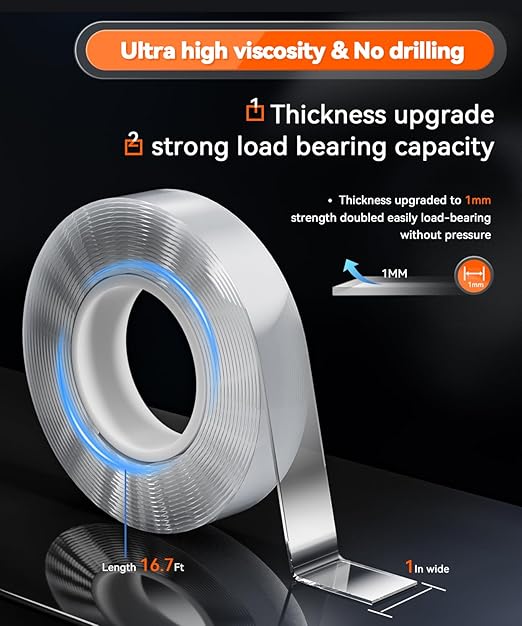 Strong Heavy Duty Double Sided Tape, 1" x 16.7FT Extra Large Clear & Tough Removable Nano Adhesive Tape for Wall Hanging Strip Poster Deco Rug (1/16" Thick)