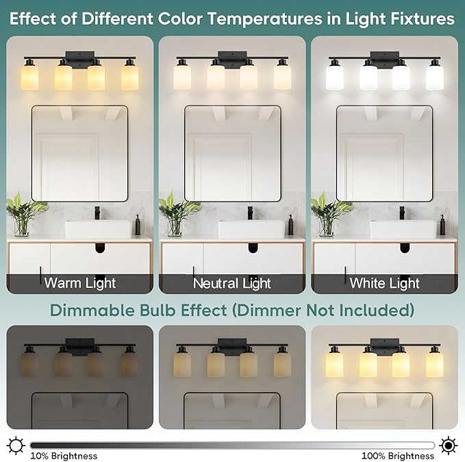 Ascher Bathroom Light Fixtures, 4-Light Vanity Light Over Mirror, Matte Black Wall Sconces with Milky White Frosted Glass Shades, Wall Lamp for Living Room Bedroom, E26 Base(Bulbs Not Included)