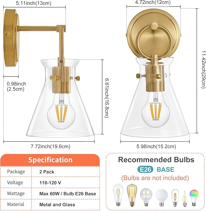 Gold Wall Sconces Set of 2 Modern Vanity Light Fixtures for Bathroom Wall Mount Lighting Lamp Hardwired Farmhouse Wall Lights with 6 Inch Clear Glass Shade for Bedroom Living Room Mirror