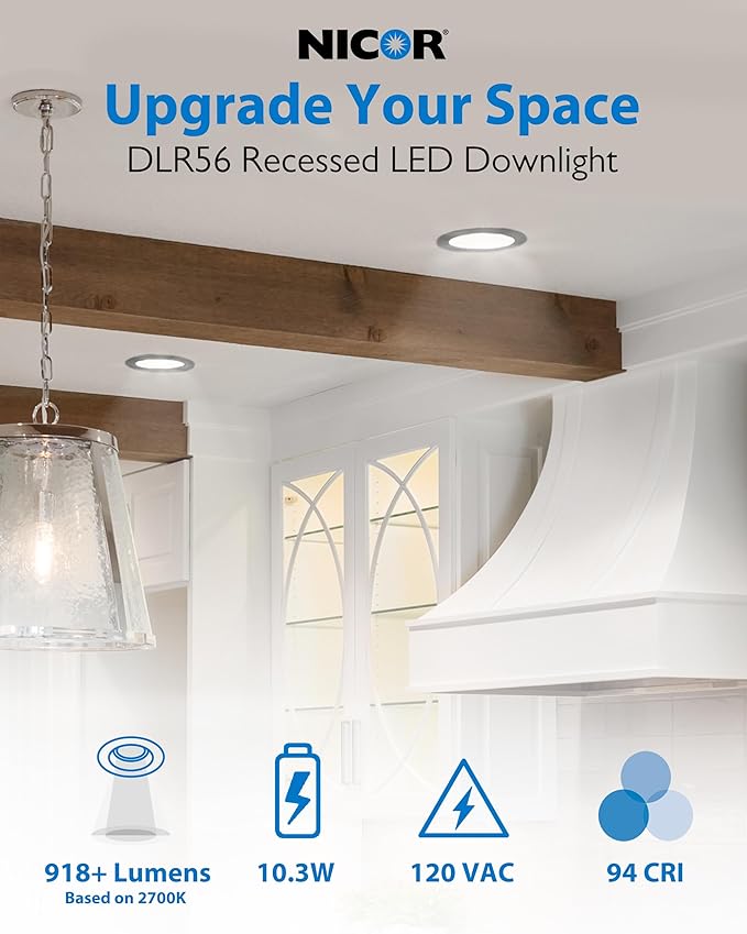 NICOR Lighting Recessed Ceiling Lights LED Downlight - 5/6 inch LED Recessed Light Fixtures - Selectable CCT 2700K-5000K, 918 Lumens, 10.3W - DLR56 LED Retrofit Ceiling Light, Black Baffle, 1-Pk