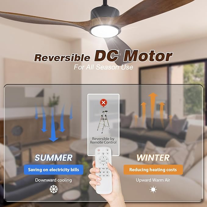 52inch Brown Wood Ceiling Fan with Light and Remote, Silent DC Motor,6 Speed Levels, Dimmable Lights, 3 Blade Modern Ceiling Fans for Living Room Bedroom Farmhouse Patio,Indoor Outdoor Ceiling Fans