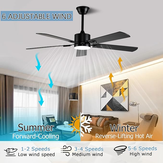 52 inch Modern Ceiling Fans with Lights APP/Remote Control, Low Profile Reversible 6 Speeds Ceiling Fan Light for Indoor/Outdoor Patio Bedroom Living Room,Black