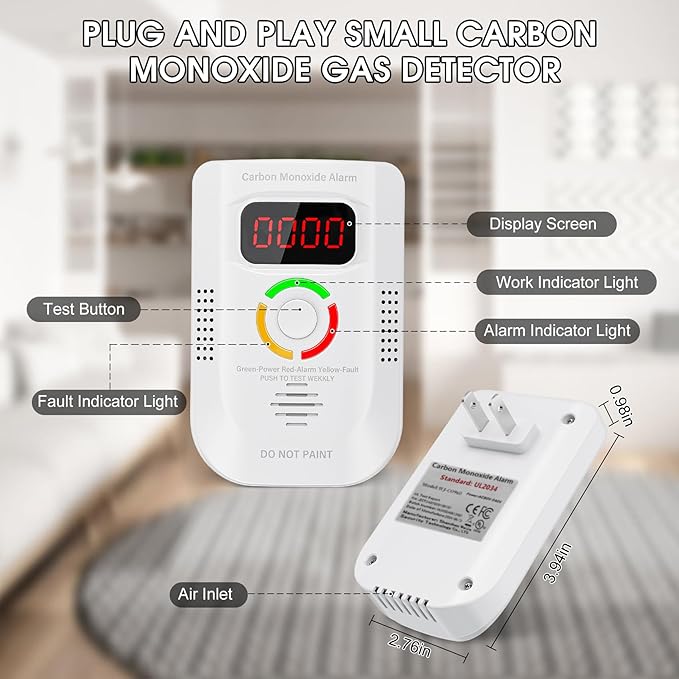 Carbon Monoxide Detectors Plug in, Portable CO Detector with LED Digital Display, Carbon Monoxide Alarm with Audible and Visual Alarm & Test Mute Button, CO Alarms Monitor for Home/Kitchen/Hotel