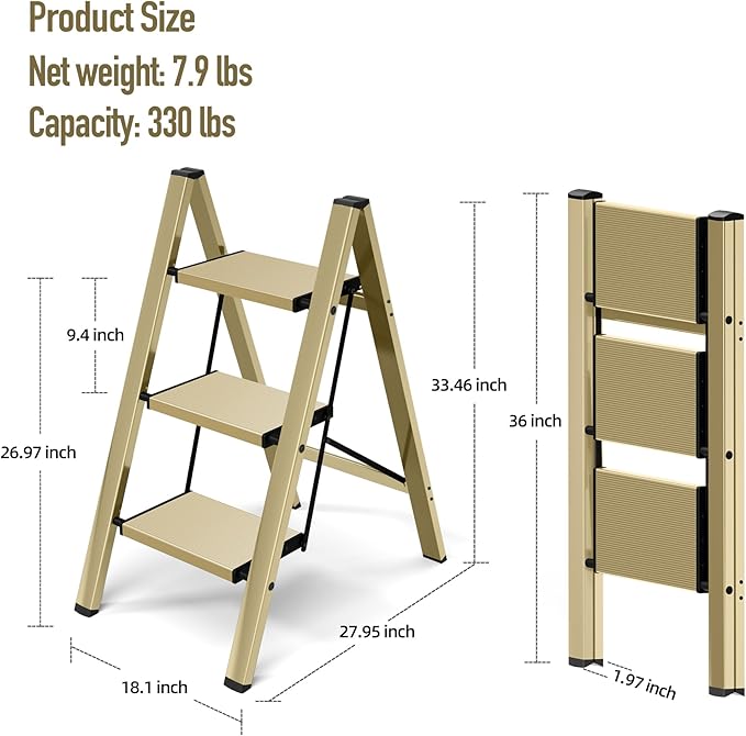 3 Step Ladder,Aluminum Folding Step Stool for Adults,Step Ladder with Wide Anti-Slip Pedal,330 lbs Capacity for Home,Office,Kitchen,Library(Gold)