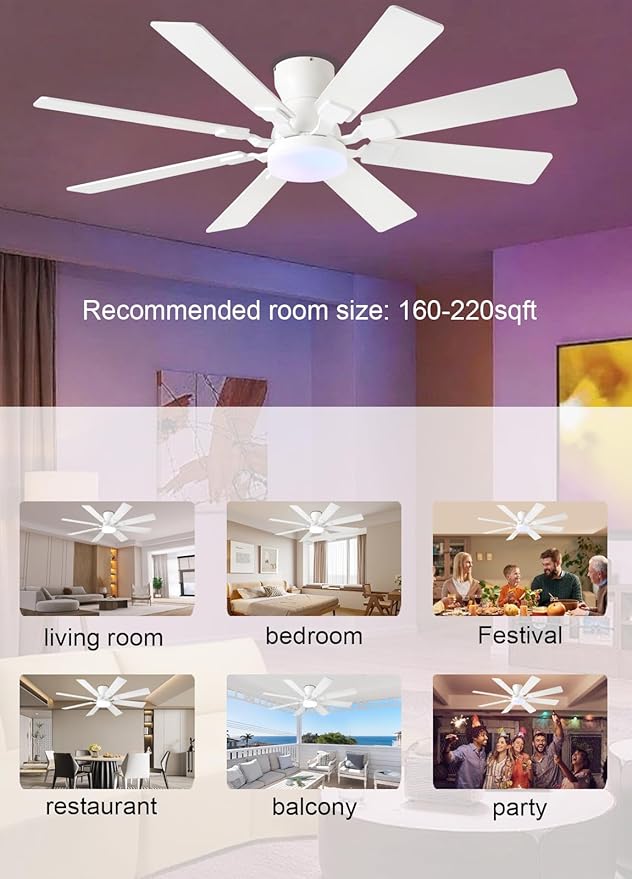 52 inch Ceiling Fan with Light, 6 Speeds Reversible Low Profile Ceiling Fan with Light and Remote/APP Control, 3 Color Temp+Dimmable RGB, 8 Blades, Flush Mount Quiet Ceiling Fans, White