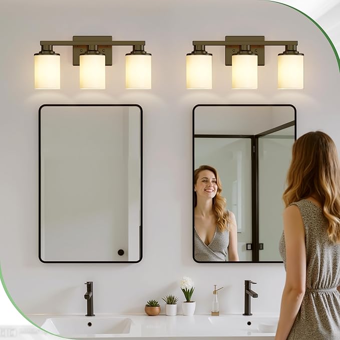 DORESshop 17 Inch Bathroom Light Fixtures, 3-Light Black Bathroom Vanity Light Over Mirror with Milk Glass Shade, Vanity Lights for Living Room Bedroom