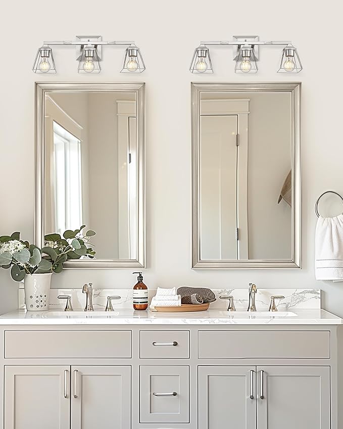 Modern Bathroom Light Fixture, HWH 3-Light Bathroom Light Fixtures Brushed Nickel Wall Vanity Light, Vanity Wall Lamp with Square Bell Glass Shade, 5HY68B-3W BN