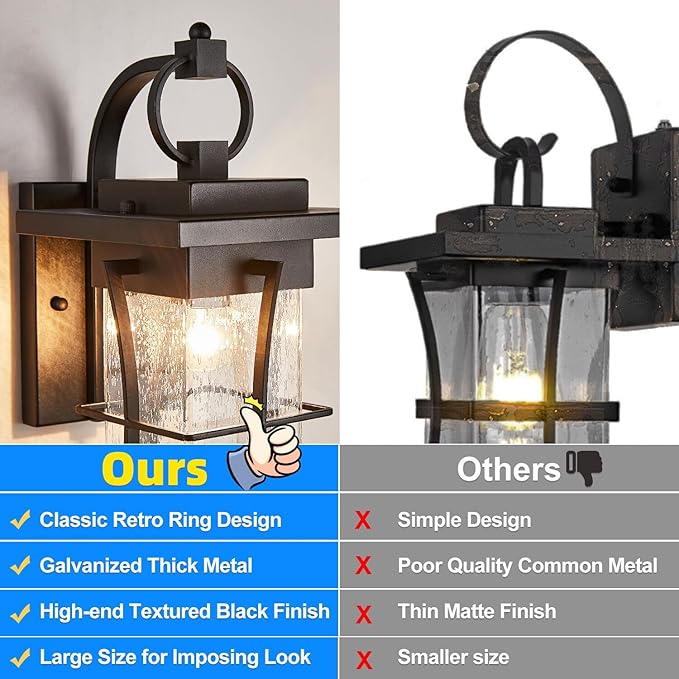 Outdoor Wall Sconces Light Fixtures Exterior Wall Lantern Outside House Lamps Waterproof Black Metal with Clear Seeded Glass, Perfect for Exterior Porch Patio House