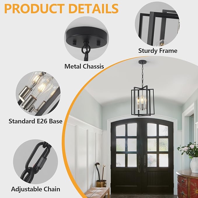 Modern Farmhouse Chandelier for Dining Room, 3 Light Black and Nickel Entryway Light Fixture Adjustable Pendant Lights Kitchen Island Rustic Hanging Chandelier for Foyer Living Room Hallway Bedroom