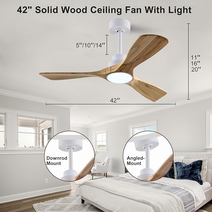 42" Wood Ceiling Fan with Lights Remote Control,Quiet DC Motor 3 Blade Ceiling Fans for Patio Living Room, Bedroom, Office,Indoor Outdoor(Raw wood+White)