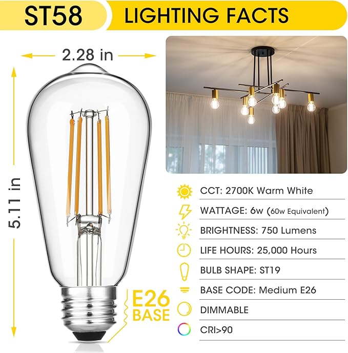 12-Pack Vintage LED Edison Light Bulb 60W Equivalent, Decorative Antique Filament Light Bulbs with 90+ CRI, Warm White 2700K, 750 Lumens, E26 Base, Dimmable