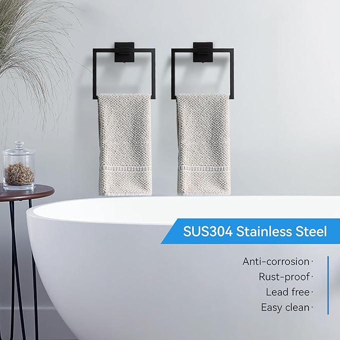 LANC Hand Towel Holder for Bathroom Wall Mount Matte Black Square Hand Towel Rings for Bathroom Hardware Accessories Kitchen Toilet SUS 304 Stainless Steel Shower Towel Hanger Racks, A8896MB
