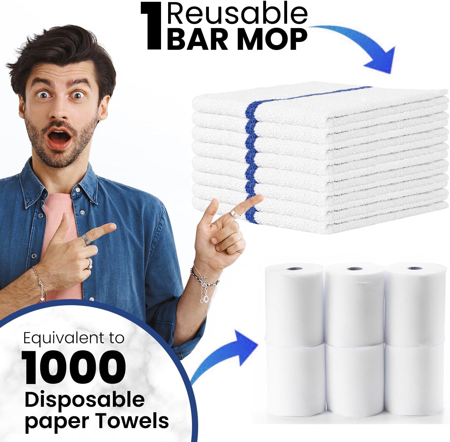 Bar Mops Blue Stripe Pack of 60 Kitchen Towels 16x19 Multi-Purpose for Home, Restaurant and Cleaning White Absorbent Washcloth Dishcloths Sets, Reusable Dish, Cloths Rags