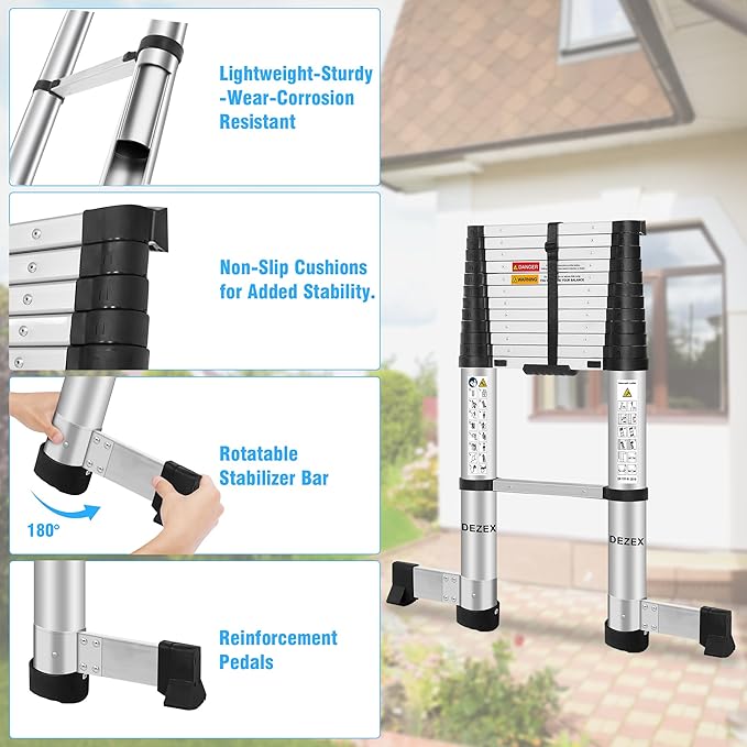Telescoping Ladders 12.5 FT Aluminum Lsdder - One-Button Retraction Collapsible Extension Ladder for Home,RV,Attic,Lasts 330 LBS with Swivel Feet and Non-Slip Cushion