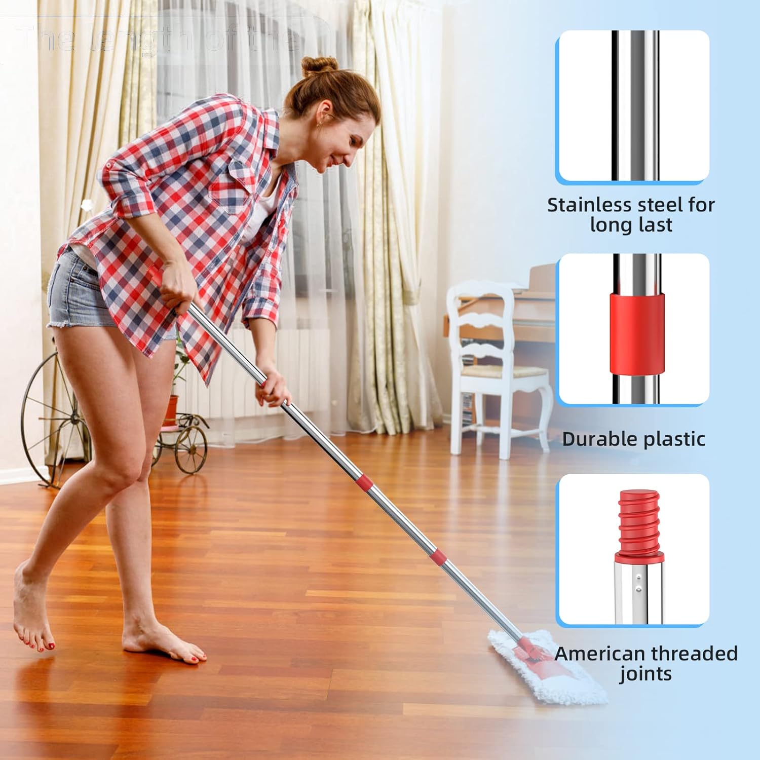 4-Section Spin Mop Replacement Handle，2.5-to-5 Foot Mop Stick Compatible with Triangle Spin Mop Base, Compatible with Ocedar Mop Handle for EasyWring Mop Refills (red)（Mop Head not Included）
