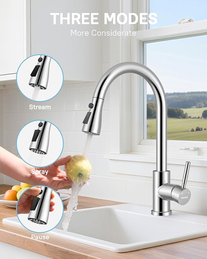 WEWE Kitchen Faucets with Pull Down Sprayer, Stainless Steel Single Handle 1 Hole for Family Kitchen Commercial Camper Laundry Rv Bar, Polished Chrome