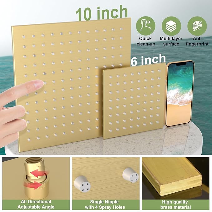 Enga Dual Shower Head Shower System with Body Jets, Wall Mount 10+6" Dual Rain Shower Head with 2 in 1 Handheld Spray for Two People, Shower Faucet Set with Valve Kit, Brushed Gold