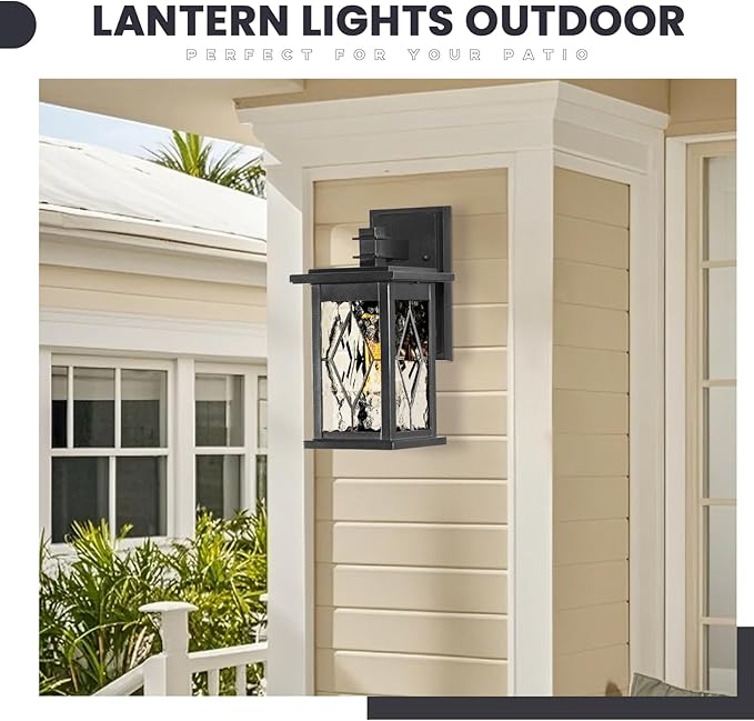 Outdoor Wall Sconce Light Matte Black Water Ripple Handmade Glass Shade Waterproof Outdoor Porch Light Wall Mount Aluminum Exterior Wall Light Fixtures