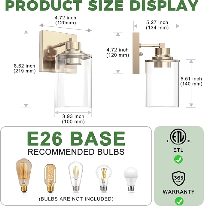 DORESshop 1-Light Bathroom Light Fixtures, Chrome Wall Sconces with Clear Glass Shade, Bathroom Vanity Light Fixture for Living Room Bedroom