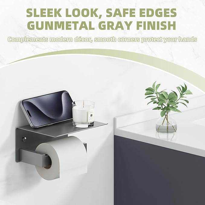 APLusee Toilet Paper Holder with Phone Shelf Gunmetal Gray, 304 Stainless Steel Rustproof Wall Mounted Heavy-Duty, Space-Saving for Modern Bathrooms