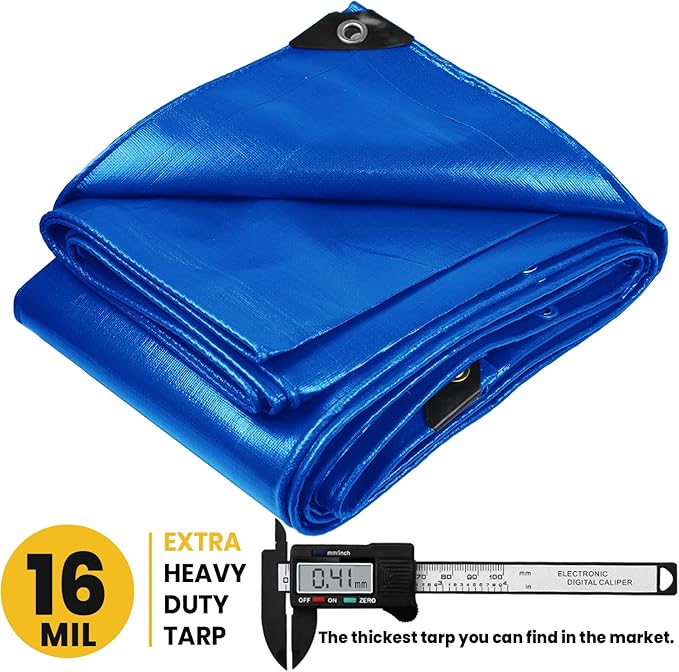 PROTARP Extra Heavy Duty 16 Mil Tarp Cover, Waterproof, UV Resistant, Rip and Tear Proof, Poly Tarpaulin with Reinforced Edges for Roof, Camping, Patio, Pool, Boat. (Blue 30′ X 60′)