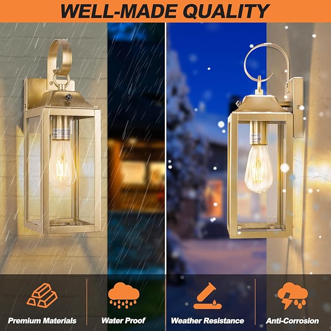 Dusk to Dawn Wall Lights 2 Pack, Gold Outdoor Light Fixtures, 15 Inch Exterior Wall Sconces Waterproof, Large Outside Lights for House, Modern Wall Lanterns Clear Glass