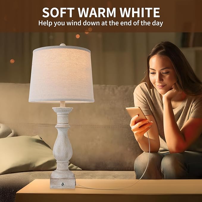 Table Lamps Set of 2 Vintage Night Stand Light Touch Dimmable Desk Lamp Farmhouse Resin Lamp,Bedside Lamps with USB Ports and Outlets Lamps,for Bedroom,Living Room,Office,Dining Room,End Table,Reading