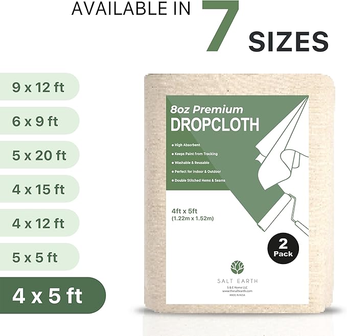 Canvas Drop Cloth Salt Earth Pack of 2 Reusable Cloth for Outdoor & Indoor, 100% Recycled Cotton Nature Friendly, All purpose Washable Cotton Canvas Cover for Painter Floor & Furniture Protection(4x5)