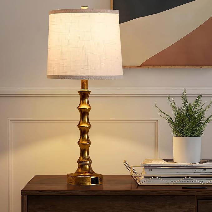 Gold Table Lamp 24" Nightstand Lamps Set of 2 Bamboo Shape Base Metal Desk Lamps with Linen White Shade Bedside Nightlight with USB A+C Ports Rustic Buffet Lamp for Living Room Bedroom