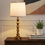 Gold Table Lamp 24" Nightstand Lamps Set of 2 Bamboo Shape Base Metal Desk Lamps with Linen White Shade Bedside Nightlight with USB A+C Ports Rustic Buffet Lamp for Living Room Bedroom