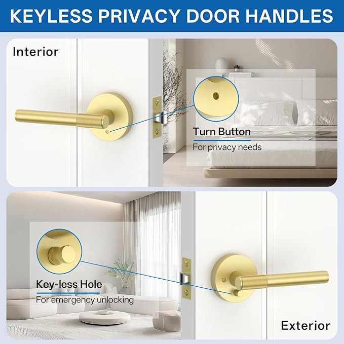 Amerdeco 10 Pack Brushed Gold Door Handles Interior, Knurled Privacy Door Handles with Lock,Gold Door Lever for Bedroom or Bathroom,Reversible Keyless for Left Right Handed Doors AM0027