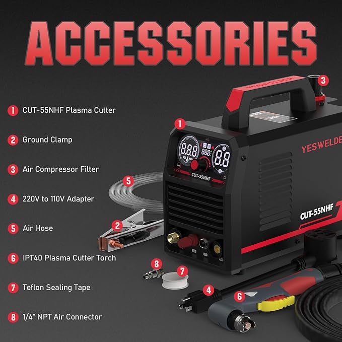 YESWELDER CUT-55NHF Plasma Cutter, Non-High Frequency Non-Touch Pilot Arc, 55 Amp 110/220V Dual Voltage, Large Digital Display Plasma Cutting Machine
