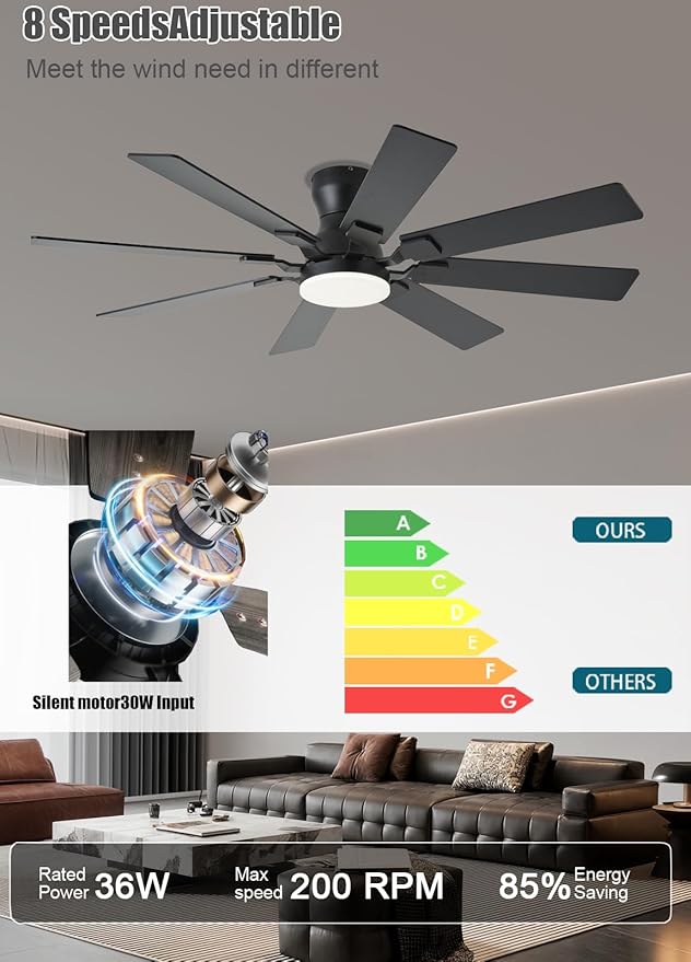 52 inch Ceiling Fan with Light, 6 Speeds Reversible Low Profile Ceiling Fan with Light and Remote/APP Control, 3 Color Temp+Dimmable RGB, 8 Blades, Flush Mount Quiet Ceiling Fans, Black