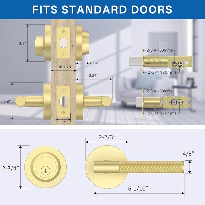 Amerdeco Front Door Lock Set with Double Cylinder Deadbolt, Exterior Entry Door Lever, Heavy Duty Entry Door Locksets for Left or Right Hand Exterior Door（Brushed Gold 1 Pack）