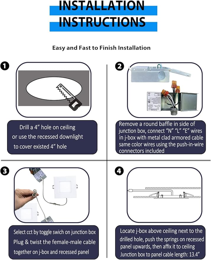 Recessed Lighting 4-inch Square-LED - Canless Recessed Light Fixture, Dimmable Ceilling Light with Junction Box, 2700|3000|3500|4000|5000K, 9W, White, 6P