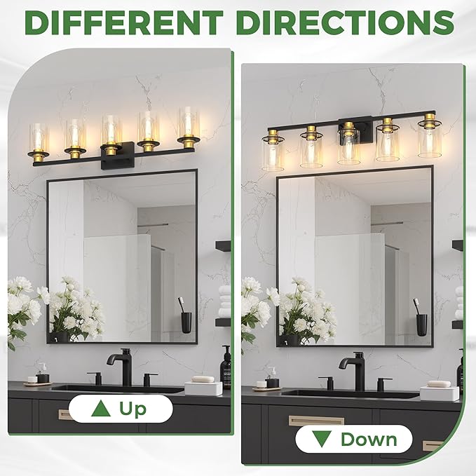DORESshop Bathroom Light Fixtures, 5-Light Gold and Black Bathroom Lighting Fixtures Over Mirror with Clear Glass Shade, Vanity Lights for Hallway Living Room Bedroom