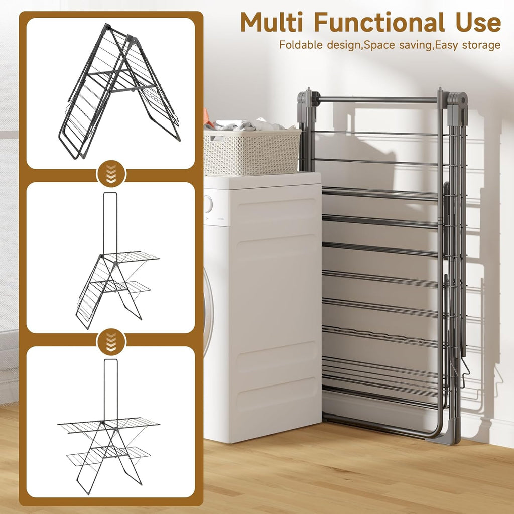 Bigzzia Clothes Drying Rack Foldable, 68.9Inch High Hanger Laundry Drying Rack with 4 Height-Adjustable Wings, Lightweight and Space Saving Clothes Airer for Apartments, Dorms, Camping