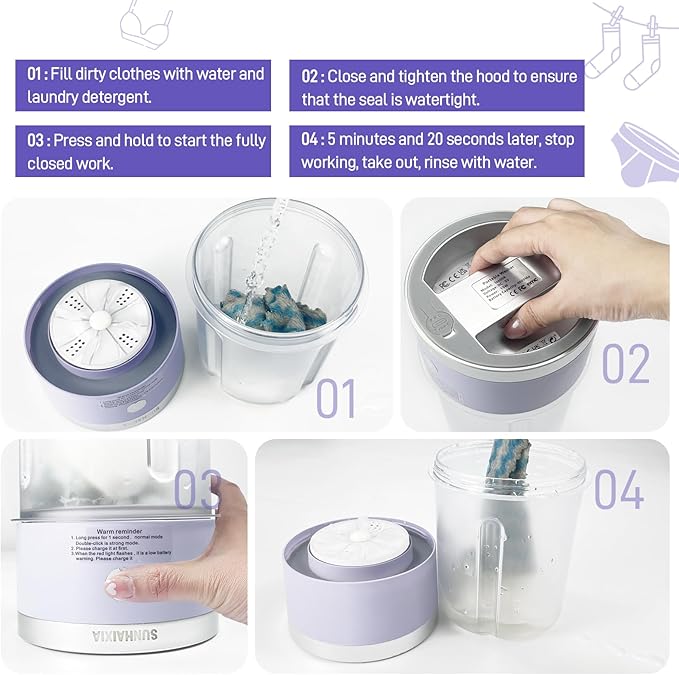 Portable Mini Washing Machine | Compact Deep Cleans Underwear, Baby Clothes, Small Laundry | Lightweight for Apartment, Dorm, Hotel, Travel & Camping | Quiet Energy-Efficient（Purple）