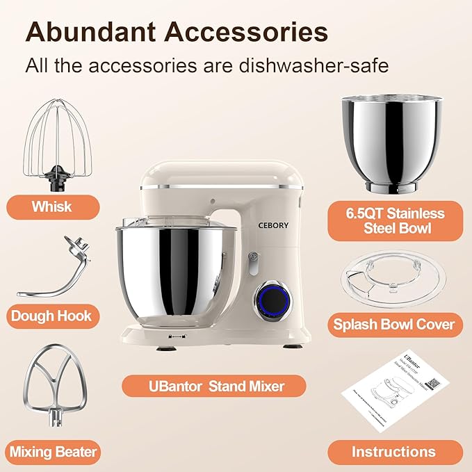 3-IN-1 Electric Stand Mixer, 6.5QT Bowl 660W 10-Speed Kitchen Mixer, Household Food Mixers include Dough Hook, Beater and Whisk, Bread Cake Mixer for Baking and Most Home Cooks, Almond Cream