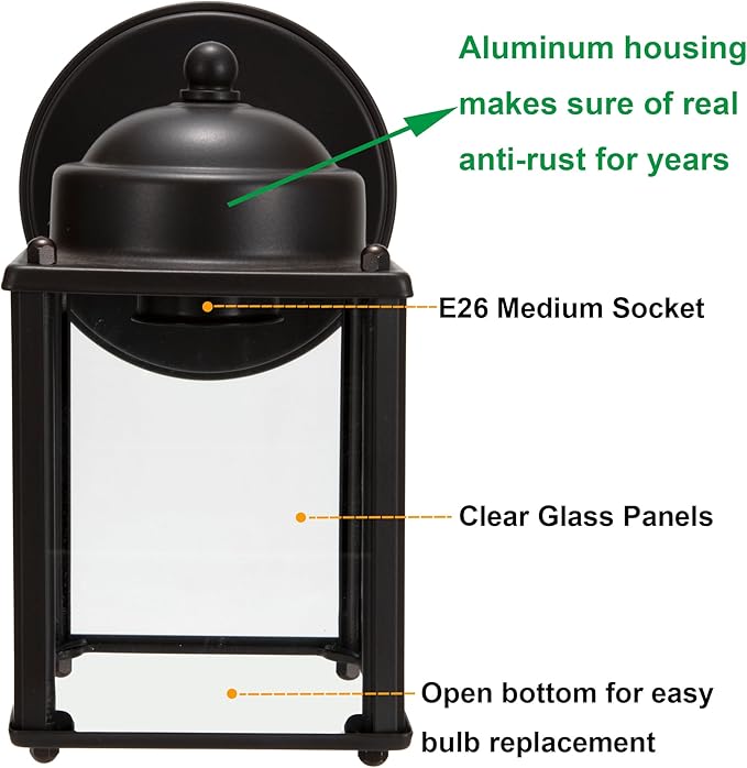 LIT-PaTH Outdoor Wall Lantern, Wall Sconce as Porch Lighting Fixture, E26 Medium Base 60W Max., Aluminum Housing Plus Glass, Bulbs NOT Included, 2-Pack, Bronze Finish