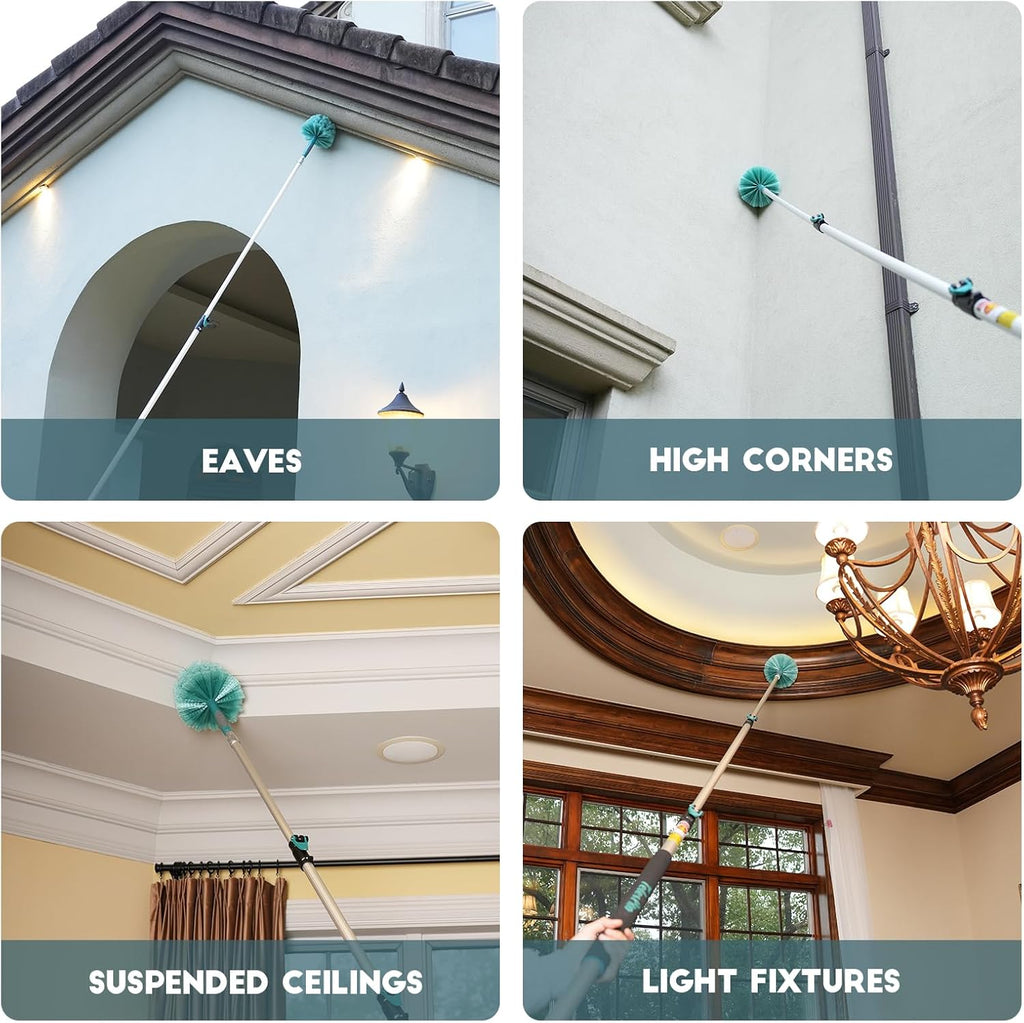 20 Feet High Reach Cobweb Duster with 5-12Ft Extension Pole, Webster Cobweb Duster with 3-Stage Telescopic Aluminum Pole, Spider Web Brush for Outdoor & Indoor Cleaning - Soft Bristles.