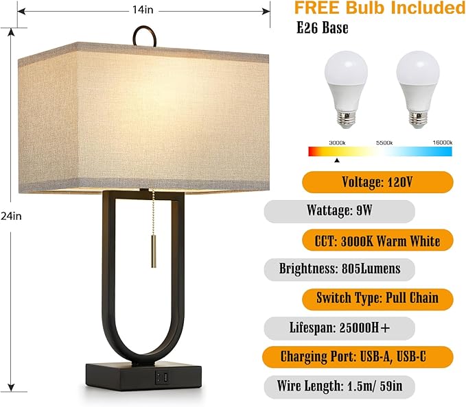 Luvkczc Nightstand Lamps Set of 2 with USB C+A Ports, 24'' Tall Table Lamp with Two 3000K LED Bulbs, Linen Lampshade, Modern Bedside Lamp for Living Room, Bedroom Reading,Grey
