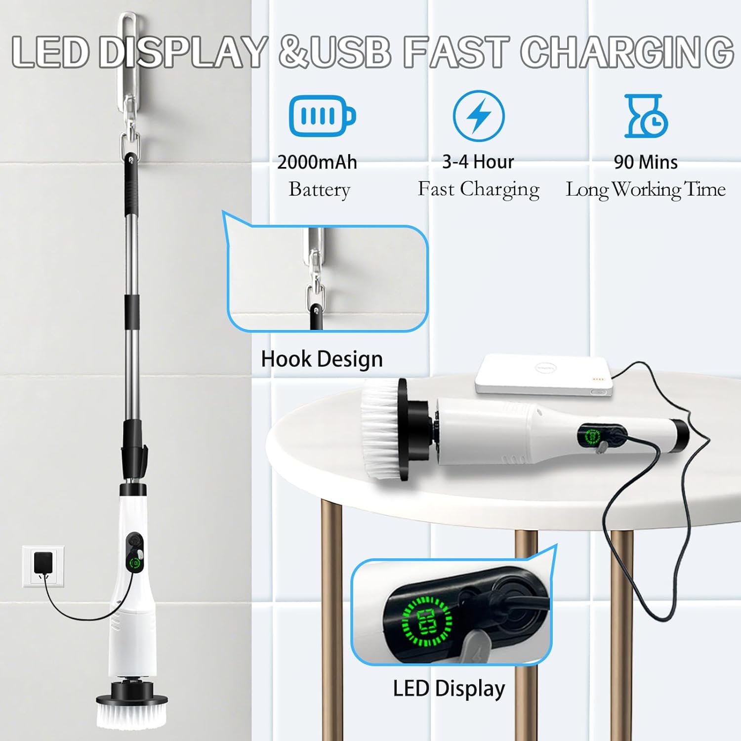 Spin Scrubber,9-In-1Multifunctional Cleaning Brush with Detachable Handle,9 Replaceable Brush Heads&LCD Display,Rechargeable Electric Spin Scrubber for Bedroom,Bathroom,Kitchen,Car