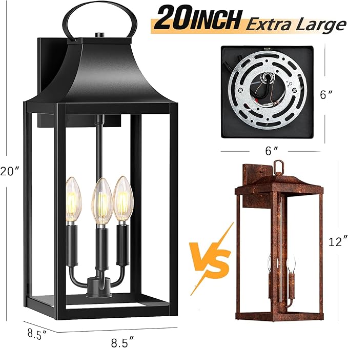 20" Extra Large Outdoor Wall Light, Black Exterior Lighting Fixtures with 3-Light, Waterproof Wall Mount Porch Lantern, Modern Outside Wall Sconce Garage Coach Light with Clear Glass, E12, 1 Pack