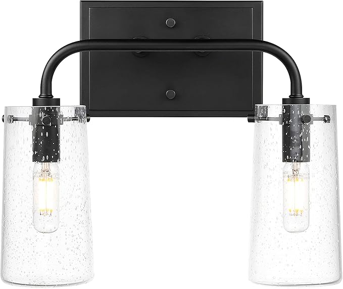 XiNBEi Lighting Bathroom Light Fixtures, Modern 2 Light Vanity Lights with Seeded Glass Matte Black Bath Wall Mount Fixture Over Mirror XB-W1283-2-MB
