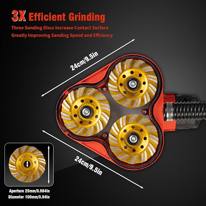 Electric Diamond Floor Grinder Polisher Machine 3800W, 6-Speed Adjustable, with 3 Diamond Wheels for Dustless Grinding, Polishing Cement, Marble, Epoxy, Concrete, Stone, Thinset, Metal Descaling