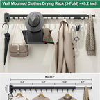 Wall Mount Clothes Drying Rack, Wall Mounted Drying Rack, Upgraded 3-Fold & Sturdy Laundry Drying Rack with 12 Dual-Side Hooks Space Saver for Laundry Room, Apartment, Dorms - Black